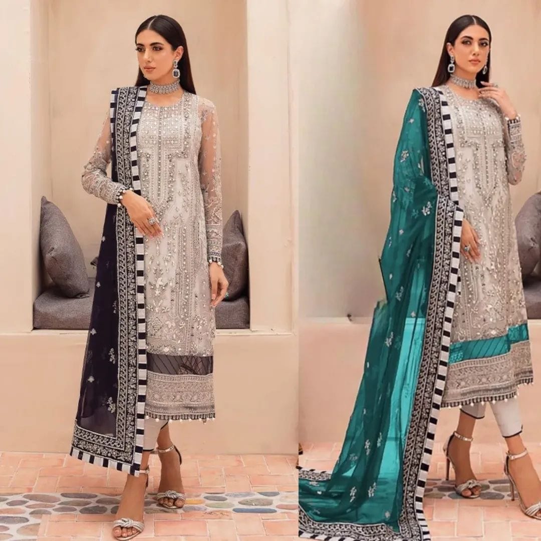 Organza embroidered sequence & handwork unstitched 3pc