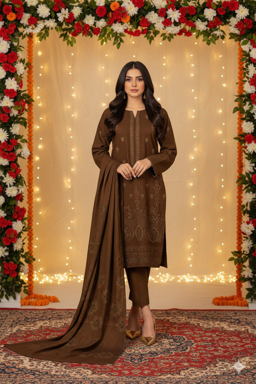 Munarq by Nisha Designer – Design 08 | Embroidered Vintex Peach 3 Piece Suit (Winter Collection)