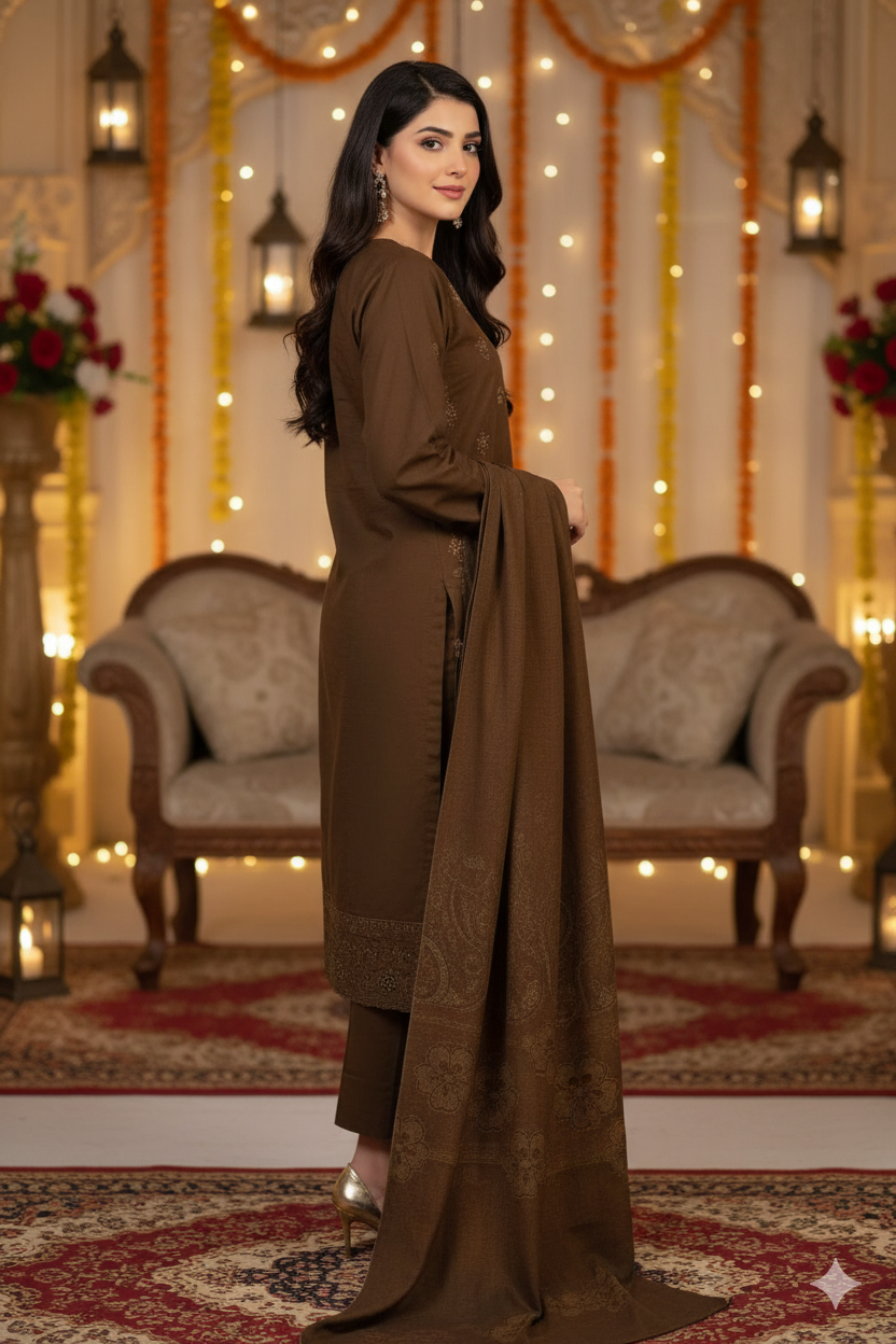 Munarq by Nisha Designer – Design 08 | Embroidered Vintex Peach 3 Piece Suit (Winter Collection)
